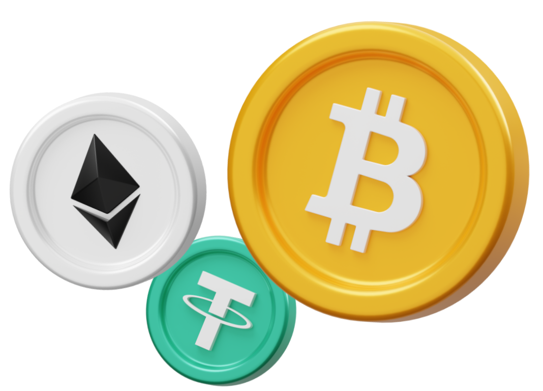 Bitcoin, Ethereum and Tether coins